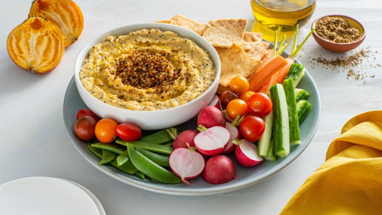 Creamy Golden Beet Hummus with Toasted Quinoa
