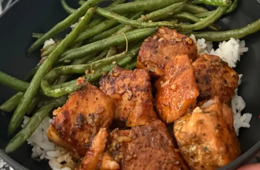 Honey Glazed Salmon Bites with Pan-Seared Green Beans & Jasmine Rice Recipe