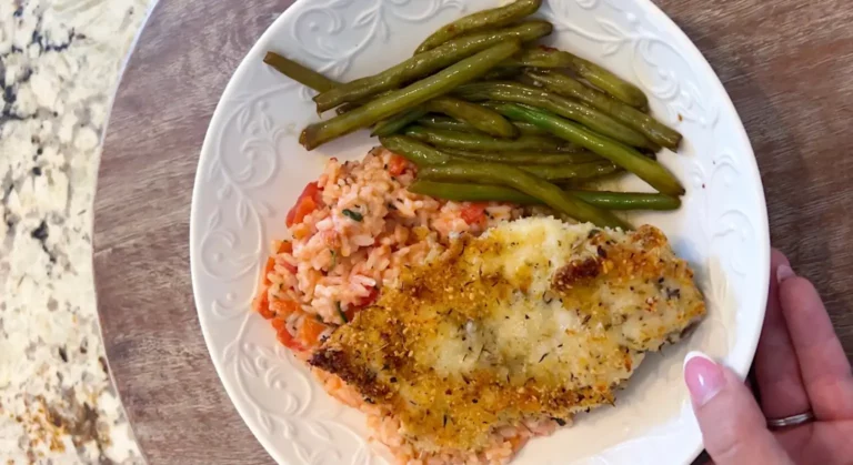 “No-egg” Parm crusted chicken + creamy tomato basil jasmine rice + greens
